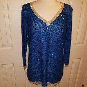 Reba, L, blue with gold color trim, v neck, NWT